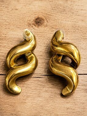Vintage Gold Tone Abstract Sculptural Dangle Earrings Modernist Statement 2.5”